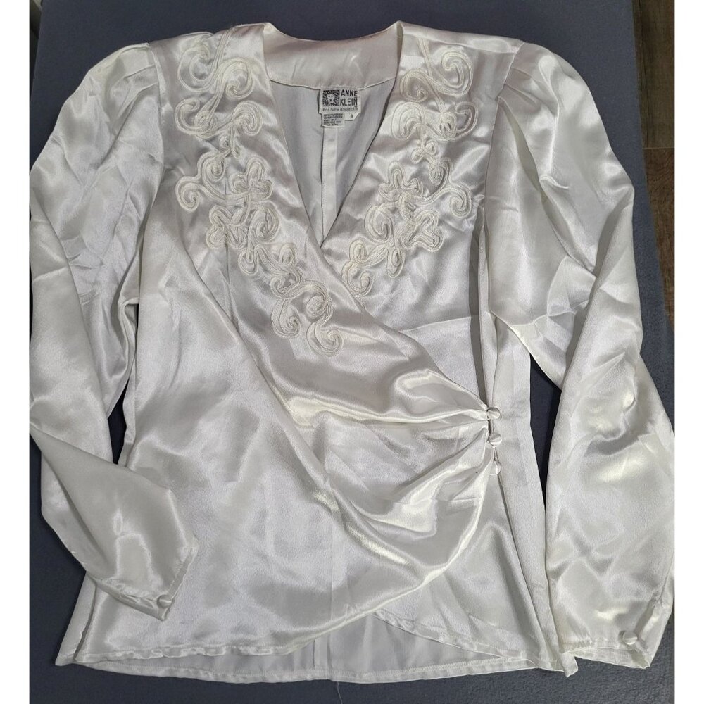 ANNE KLEIN VTG Womens SZ 8 Wrap Satin Applique Blouse Top Feminine White - Picture 1 of 11